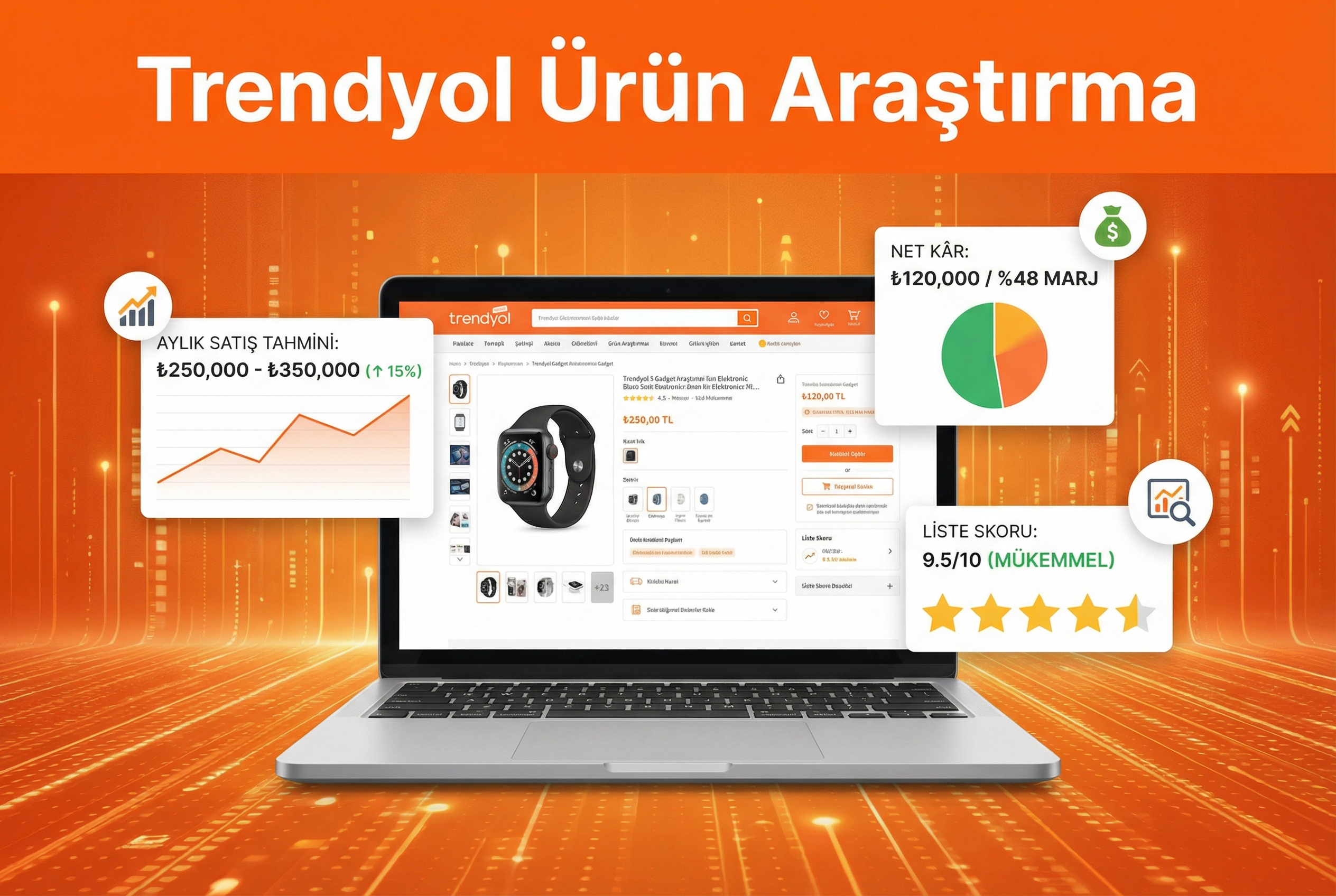 Trendyol ürün araştırma – satış tahmini, net kâr ve liste skoru gösteren dashboard